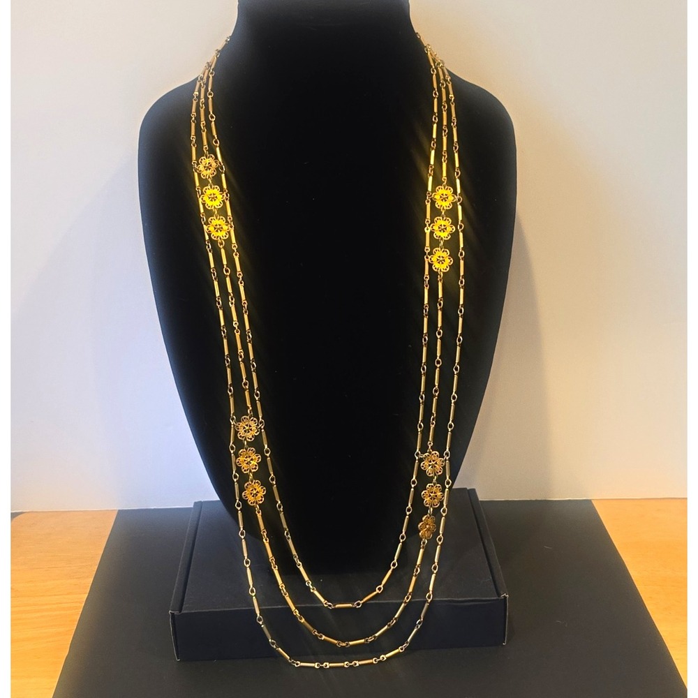 Vintage Monet Gold Tone 3 Strand Bar Link Filigree Flower Necklace 36" Signed